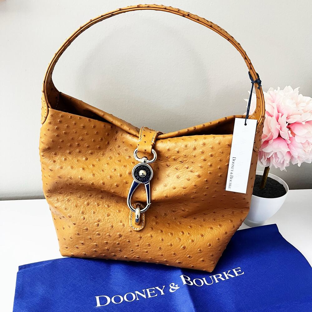 NEW Dooney & Bourke Caramel Ostrich Embossed Leather Logo Lock Hobo Bag NWT $388